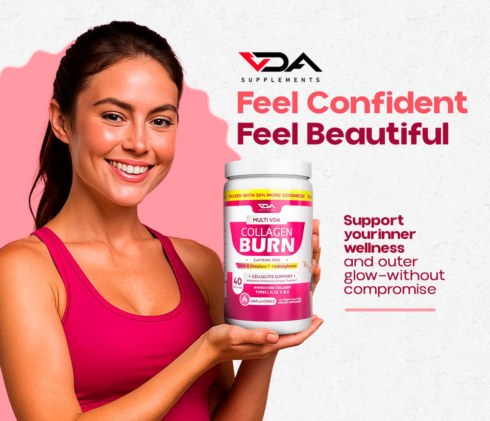 VDA Supplements nutrition panel highlights gluten-free and keto-friendly features.