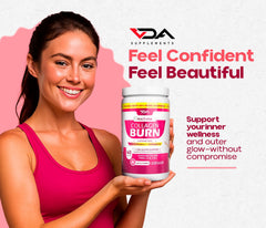 VDA Supplements nutrition panel highlights gluten-free and keto-friendly features.