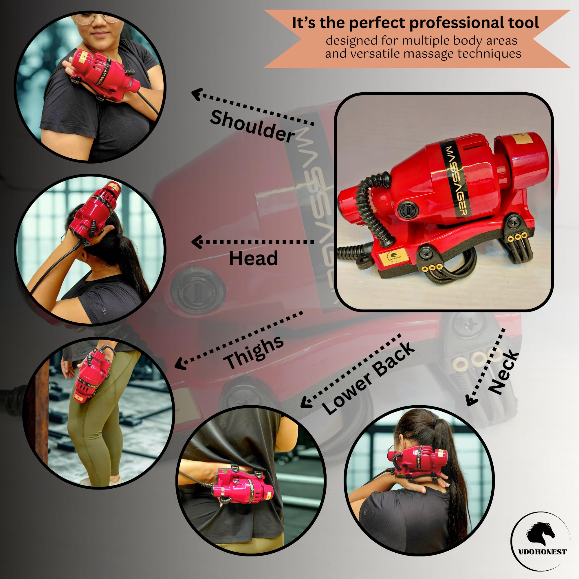 VDOHONEST floating head close-up tracks curves for sore-spot targeting.
