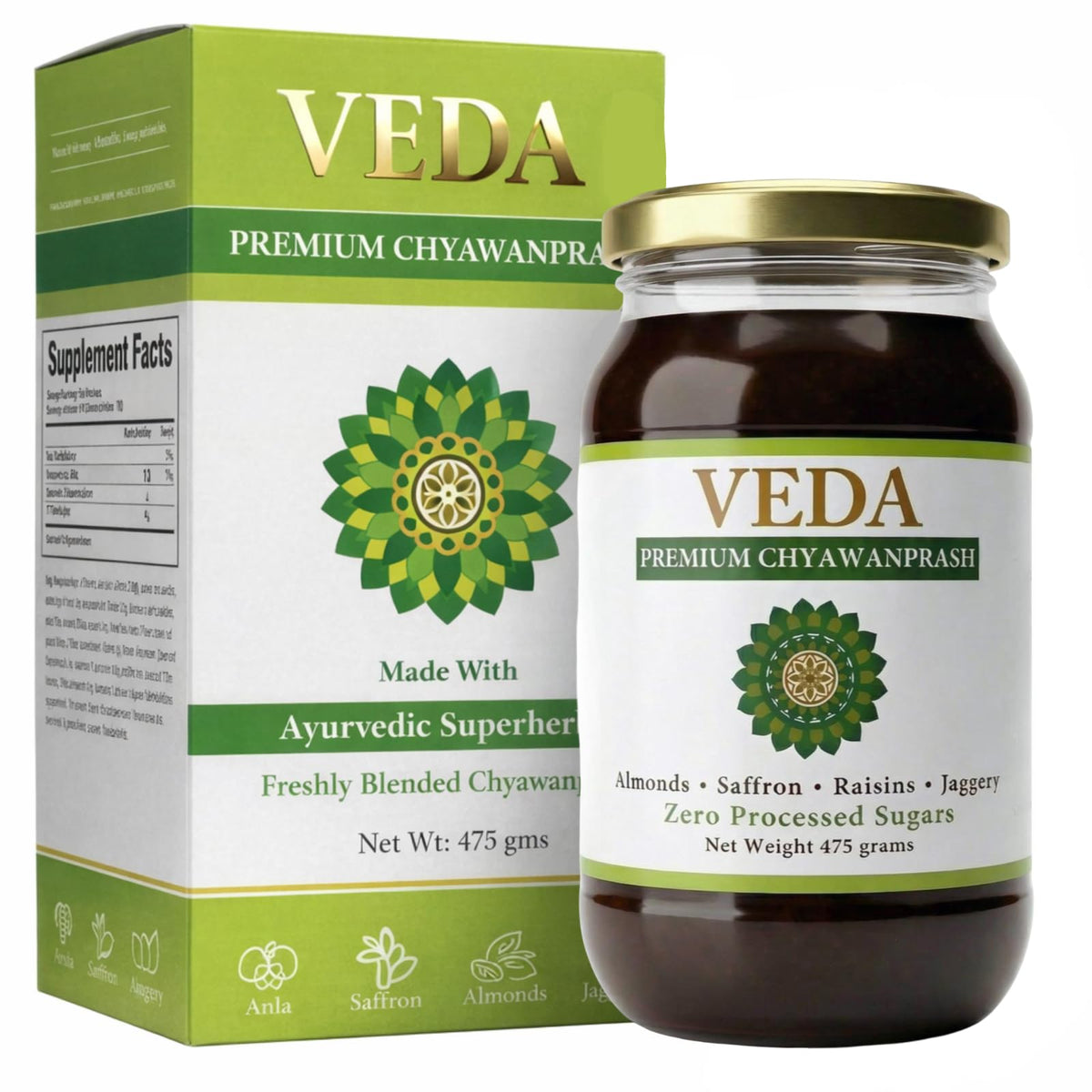 VEDA Premium Chyawanprash jar front view highlighting sugar-free formula for daily vitality