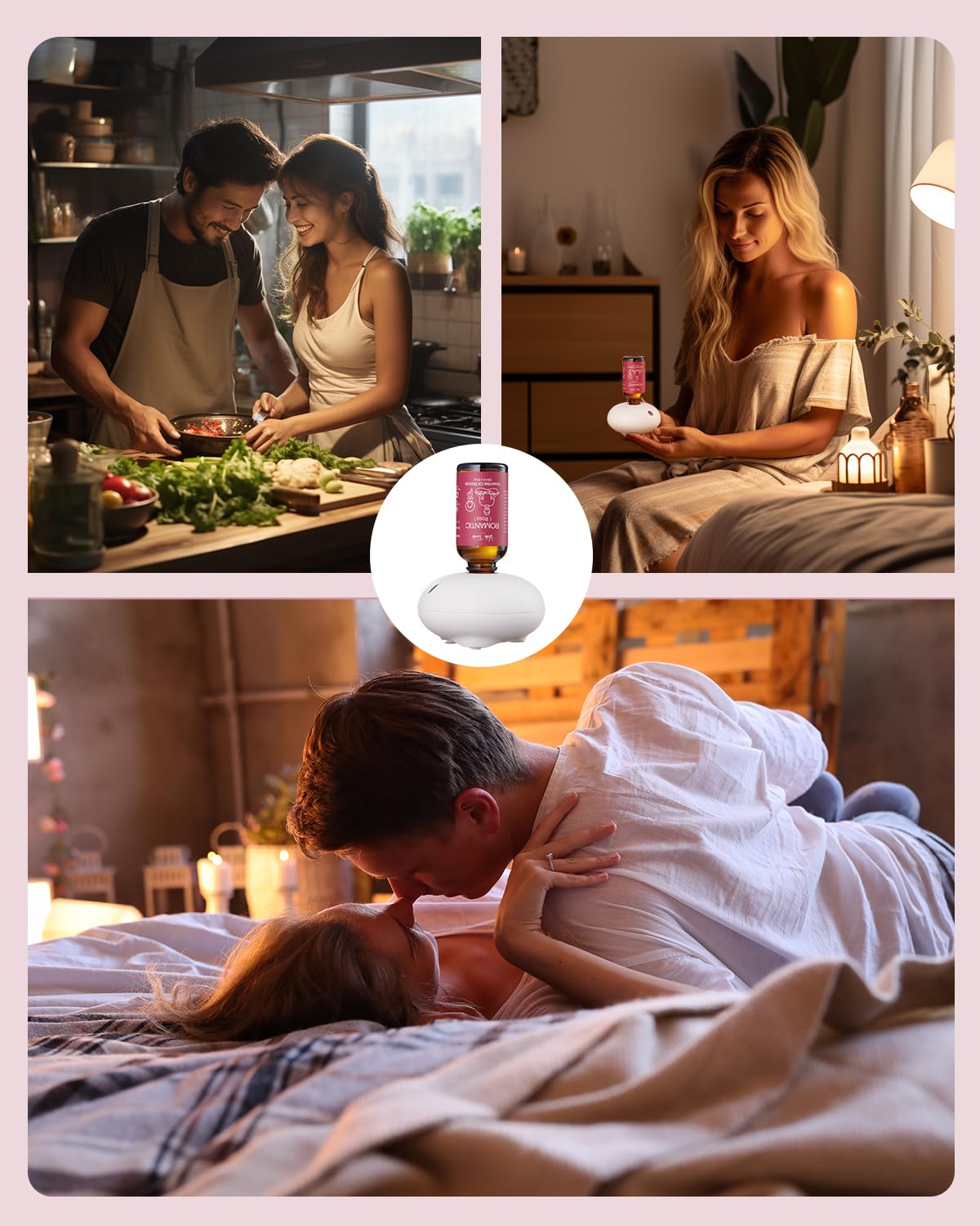 Diffuser glowing softly in a bedroom to set a calming mood with VEDA TINDA SCENT