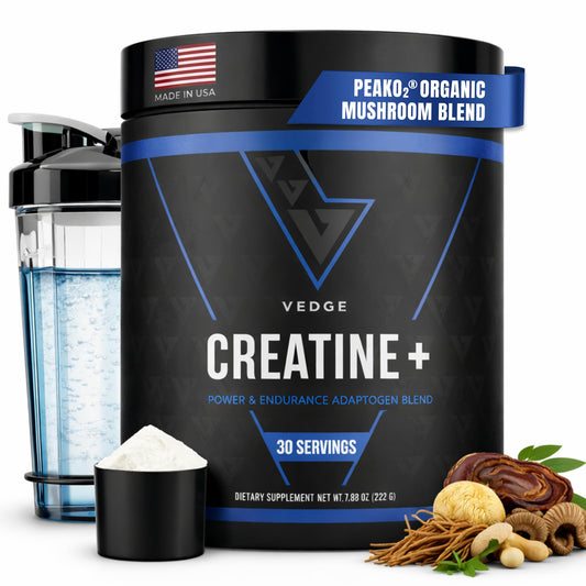 VEDGE Creatine+ bottle label highlights vegan formulation for performance support.