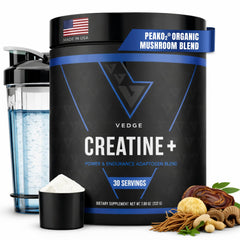 VEDGE Creatine+ bottle label highlights vegan formulation for performance support.