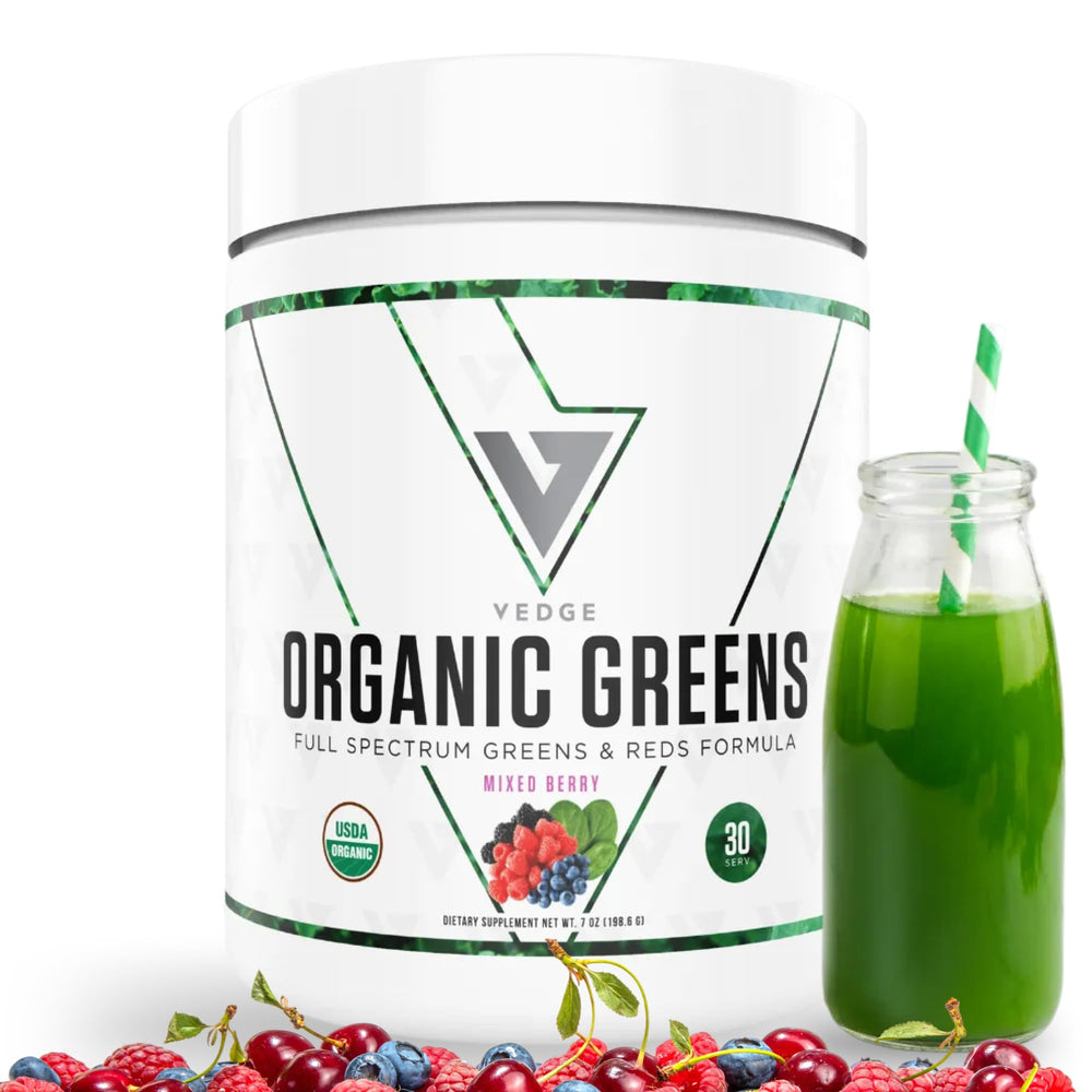 VEDGE Nutrition Organic Greens bottle shown for daily vitality and gentle detox support.