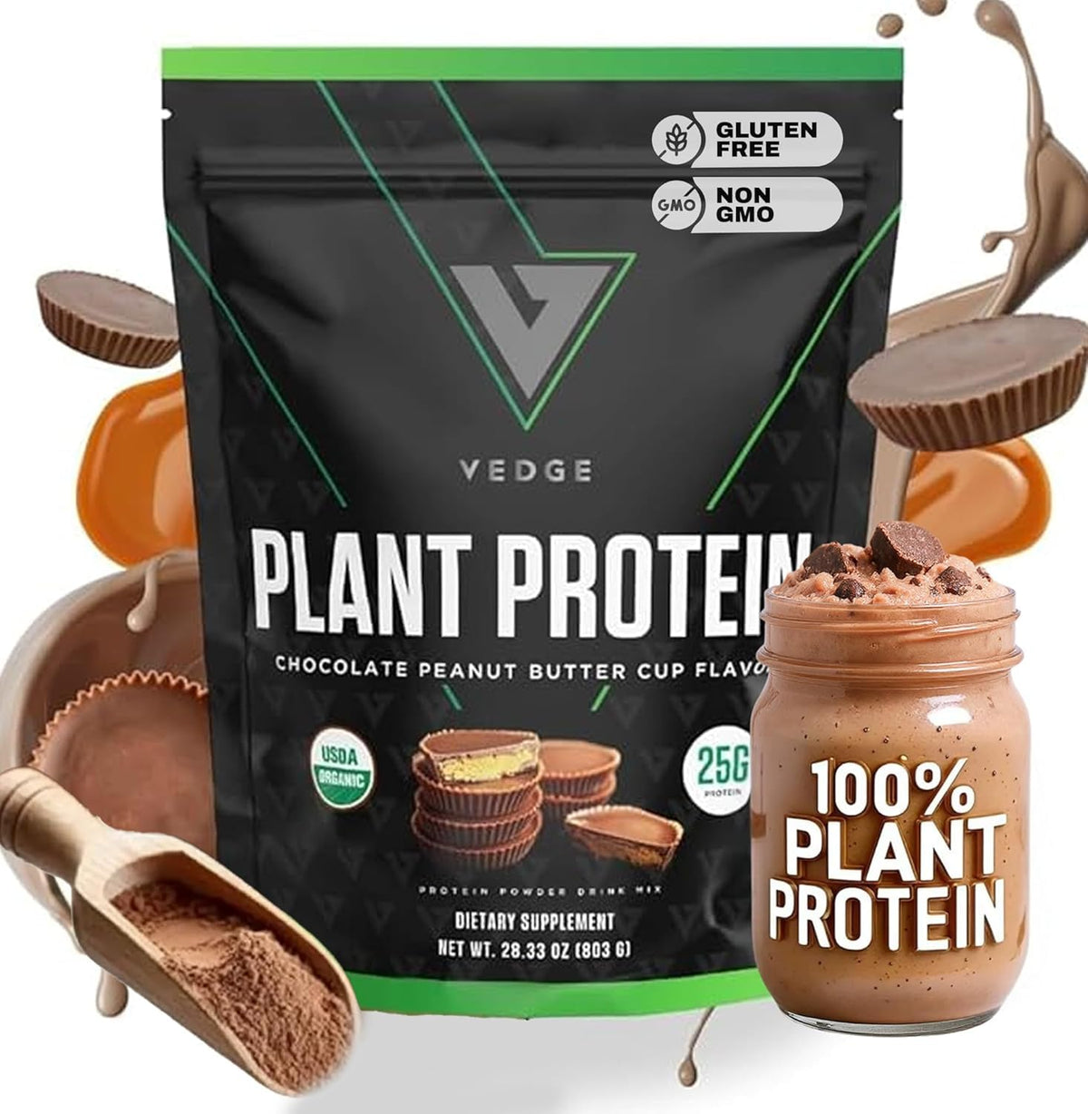 VEDGE Peanut Butter Cup vegan protein powder scoop shows creamy texture for post-workout fuel