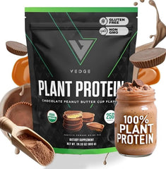VEDGE Peanut Butter Cup vegan protein powder scoop shows creamy texture for post-workout fuel