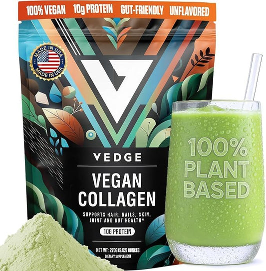 VEDGE Vegan Collagen Powder bottle for convenient daily protein support.