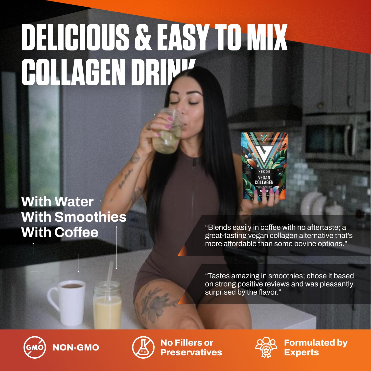 VEDGE collagen powder dissolves smoothly in coffee.