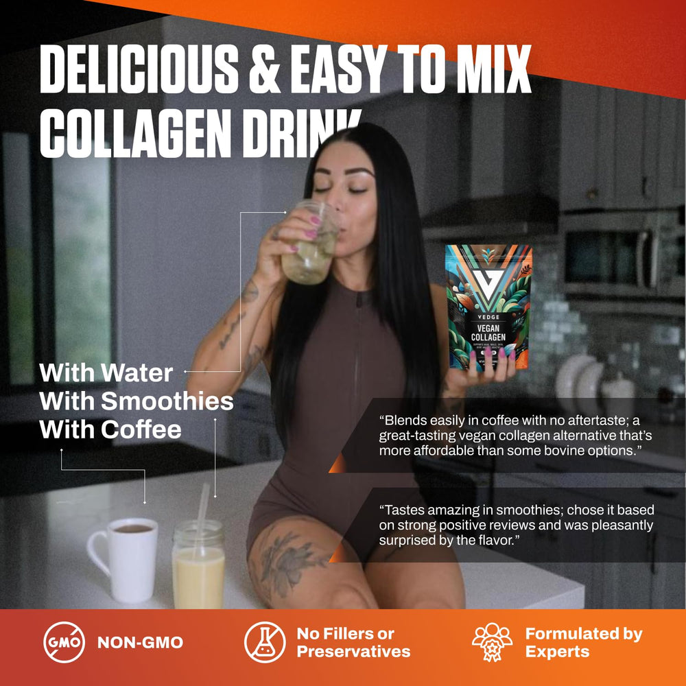 VEDGE collagen powder dissolves smoothly in coffee.