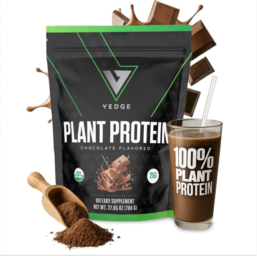 VEDGE Vegan Protein Powder canister front view for post-workout shakes.