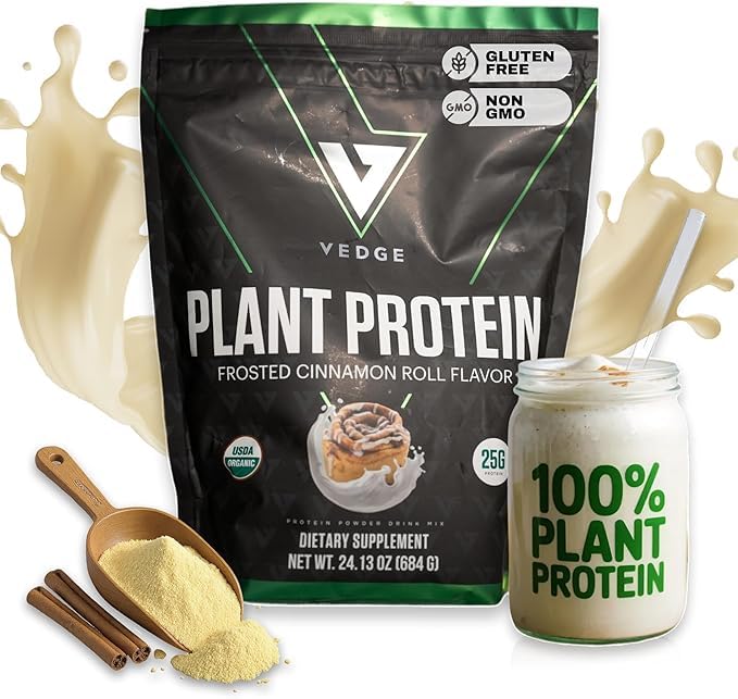 VEDGE vegan protein powder cinnamon tub with organic plant blend for daily protein needs