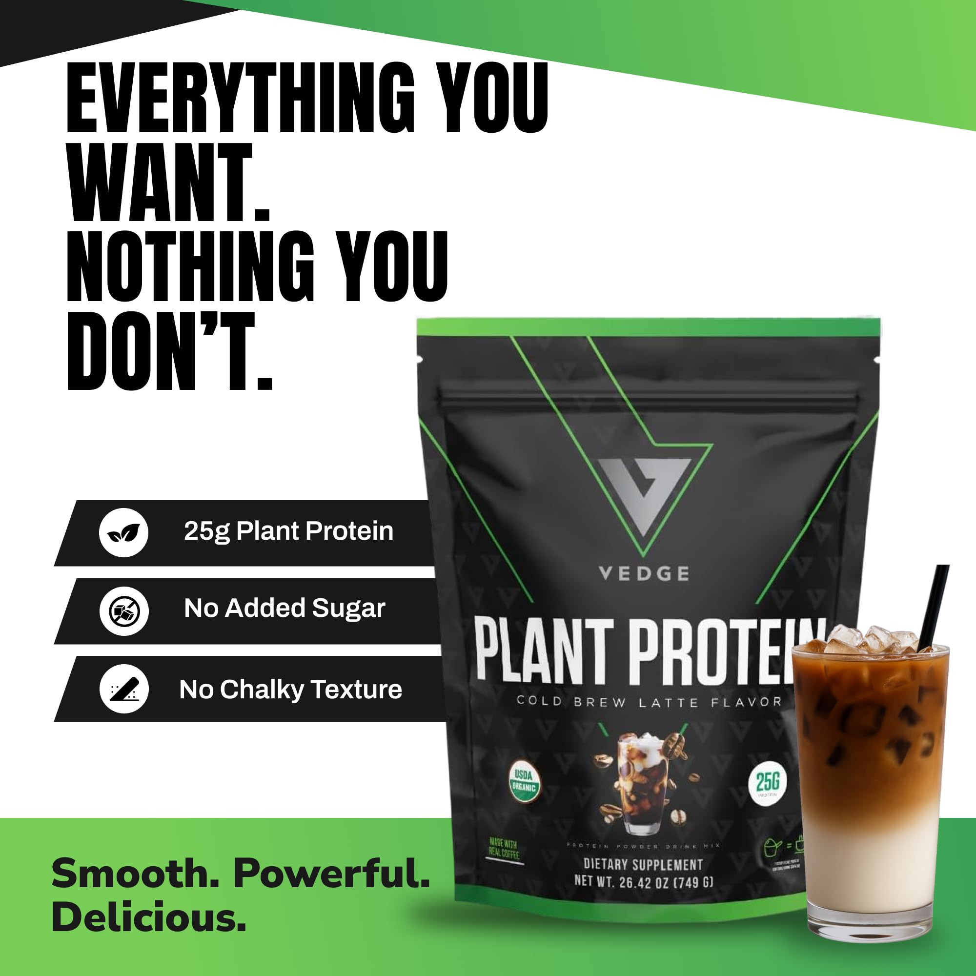 VEDGE vegan protein powder with scoop in glass, ideal for quick post-workout shakes
