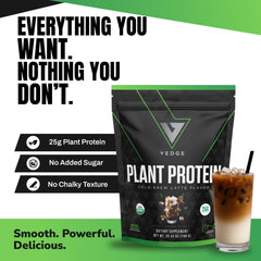 VEDGE vegan protein powder with scoop in glass, ideal for quick post-workout shakes