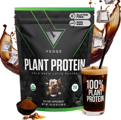 VEDGE vegan protein powder cold brew latte tub, rich plant protein for daily activity