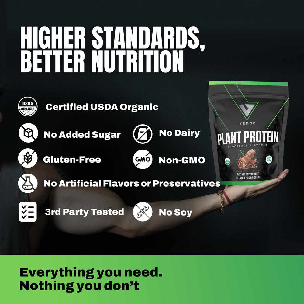 Bag of VEDGE vegan protein with ingredients like pea, pumpkin, sunflower.