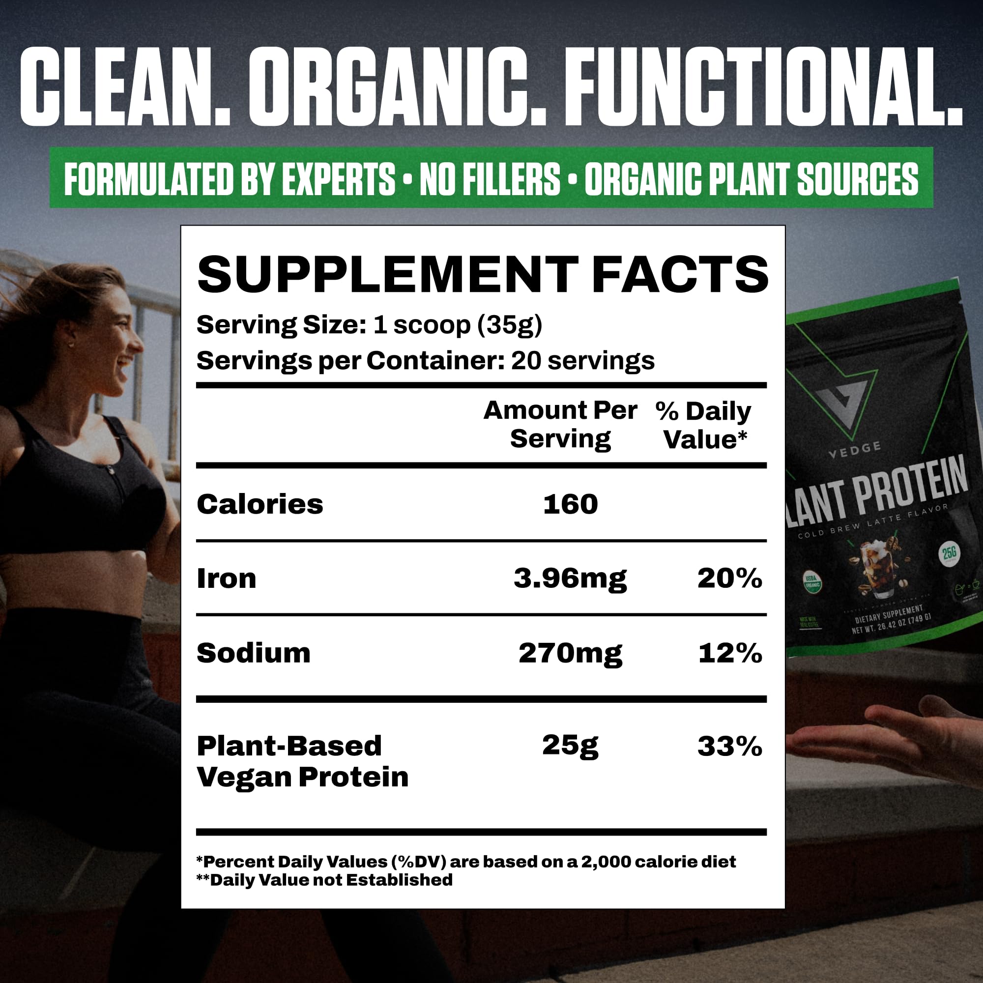 VEDGE organic ingredients label on tub highlighting certified organic protein blend