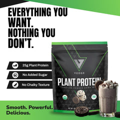 Scoop of VEDGE vegan protein powder ready to blend into smoothies