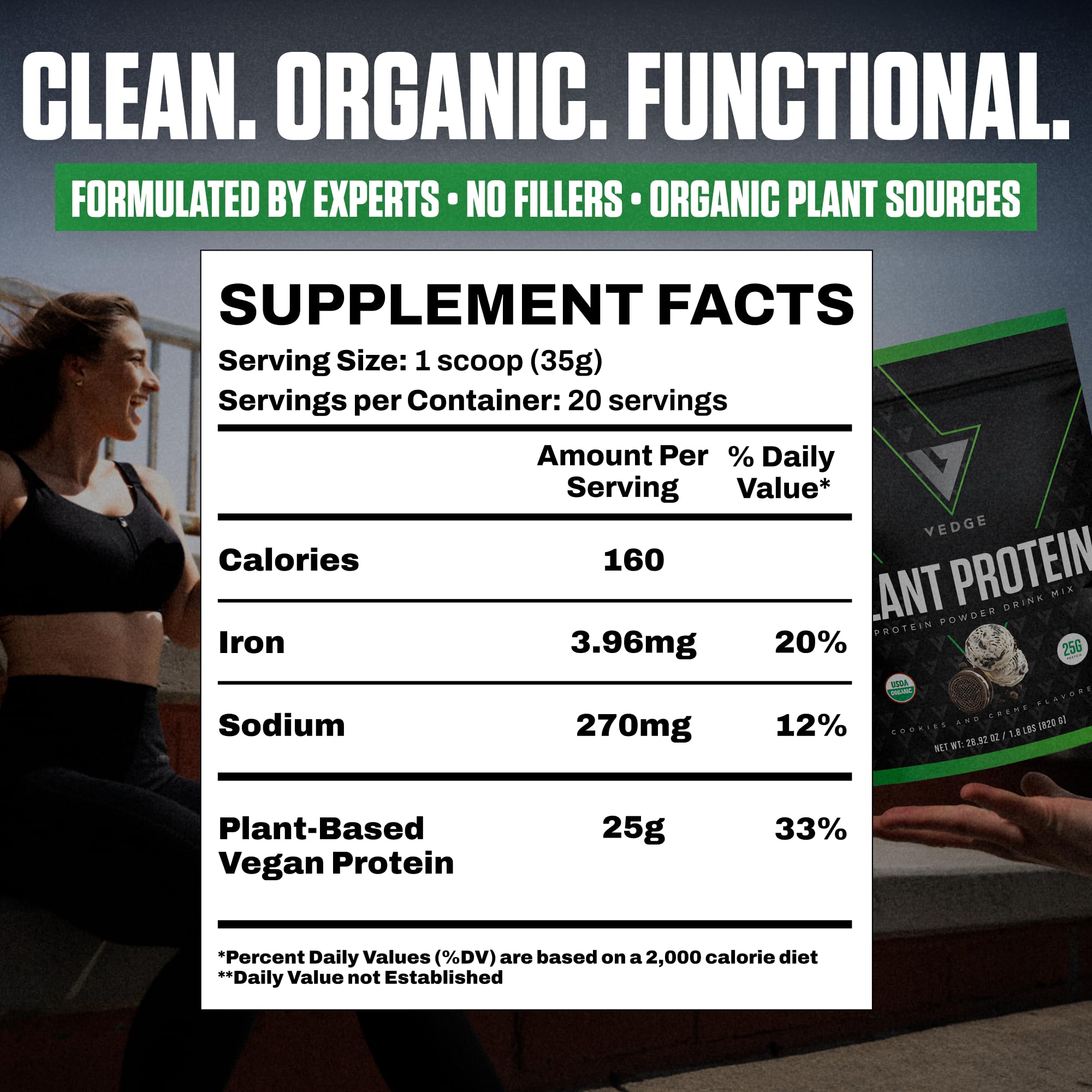 Glass with VEDGE plant protein shake for steady energy