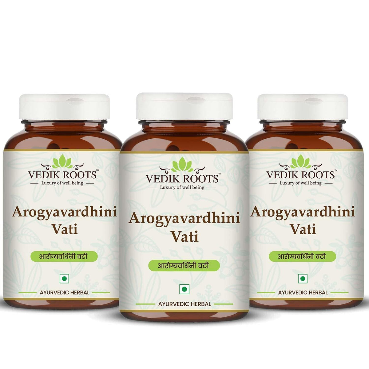 VEDIKROOTS Arogyavardhini Vati pack of 3 bottles for easy daily routines.