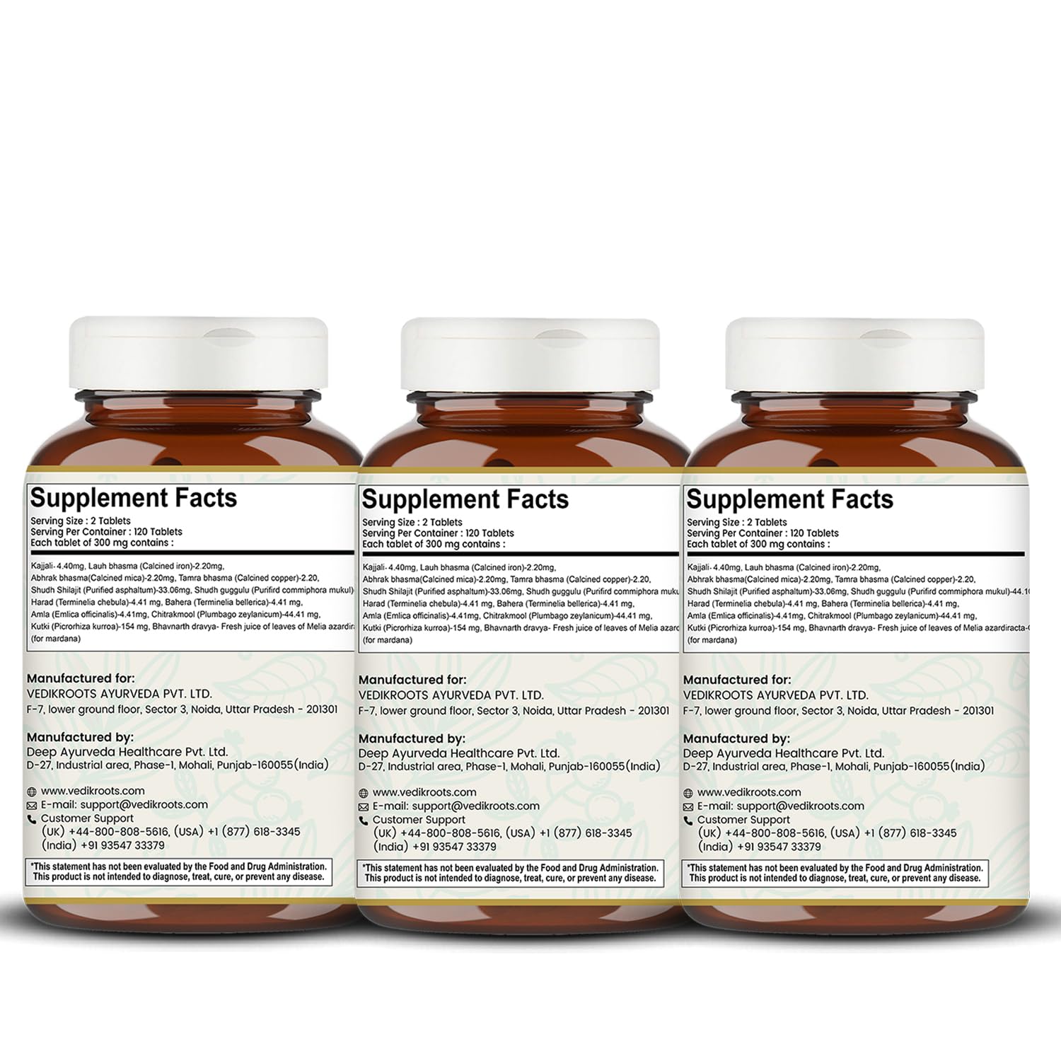 VEDIKROOTS Arogyav ardhini Vati tablets closeup highlighting herbal formulation.
