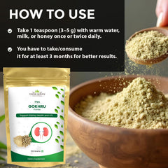 Vedikroots Gokhru Powder dispense serve image illustrating daily use and vitality support.