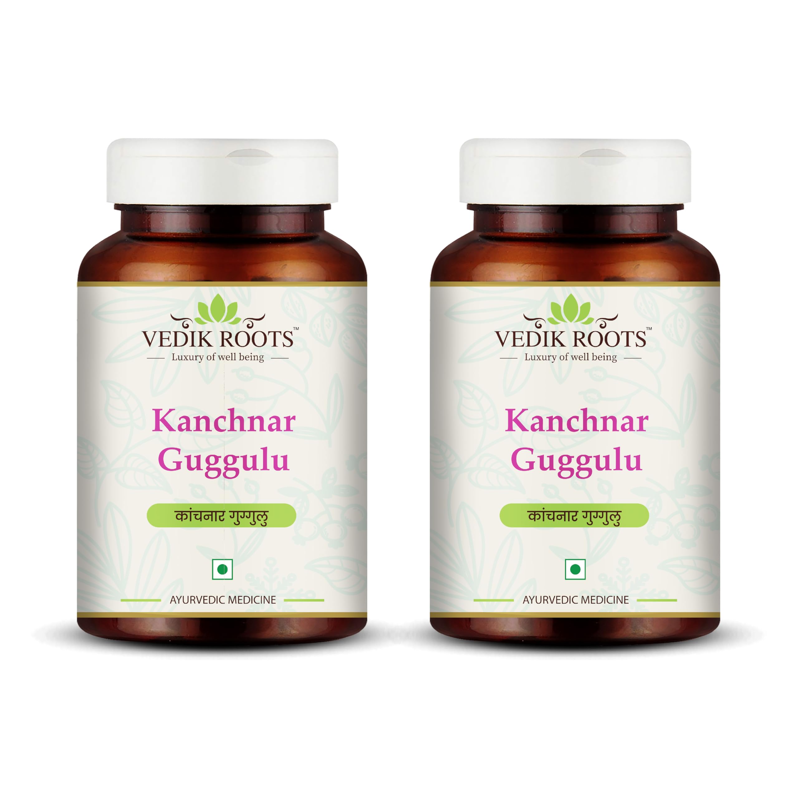 VEDIKROOTS Kanchnar Guggulu bottle and tablets, showcasing the thyroid support formula.