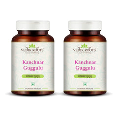 VEDIKROOTS Kanchnar Guggulu bottle and tablets, showcasing the thyroid support formula.