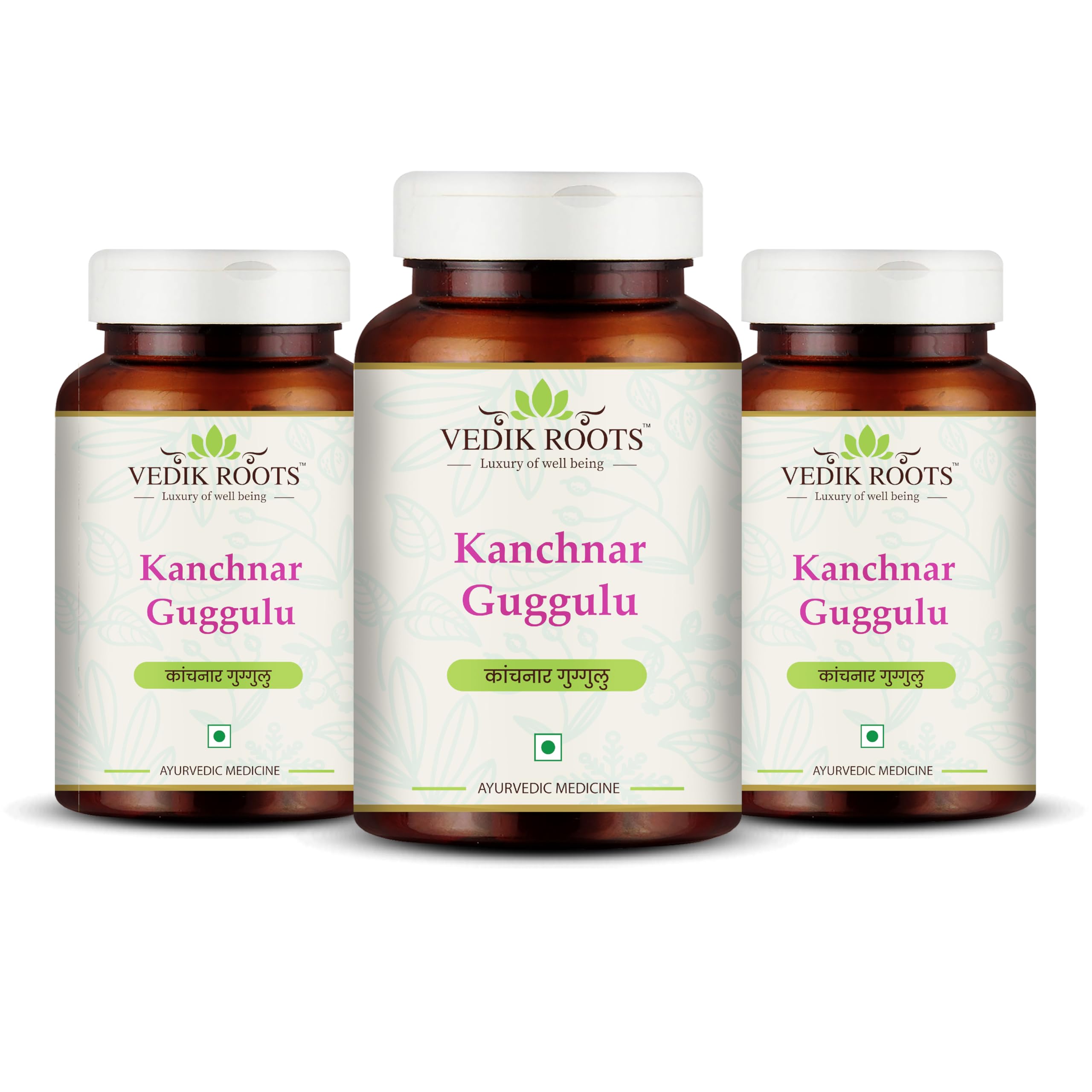 Vedikroots Kanchnar Guggulu bottle showing traditional Ayurvedic formula for thyroid support