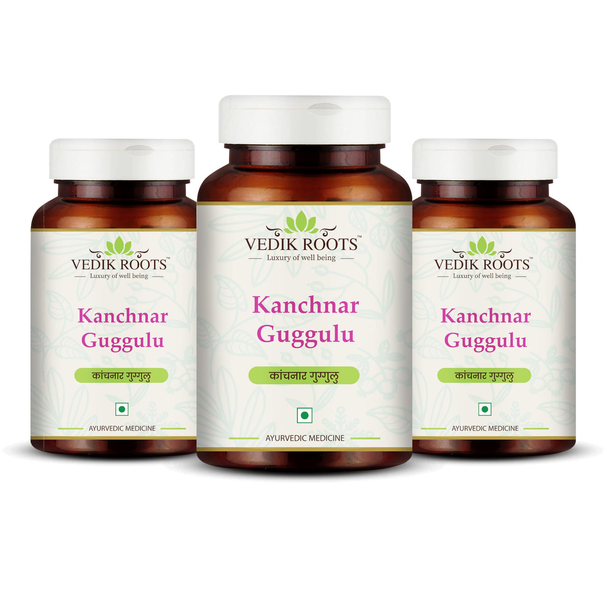 Vedikroots Kanchnar Guggulu bottle showing traditional Ayurvedic formula for thyroid support