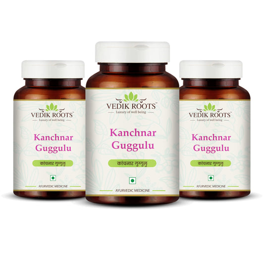 Vedikroots Kanchnar Guggulu bottle showing traditional Ayurvedic formula for thyroid support