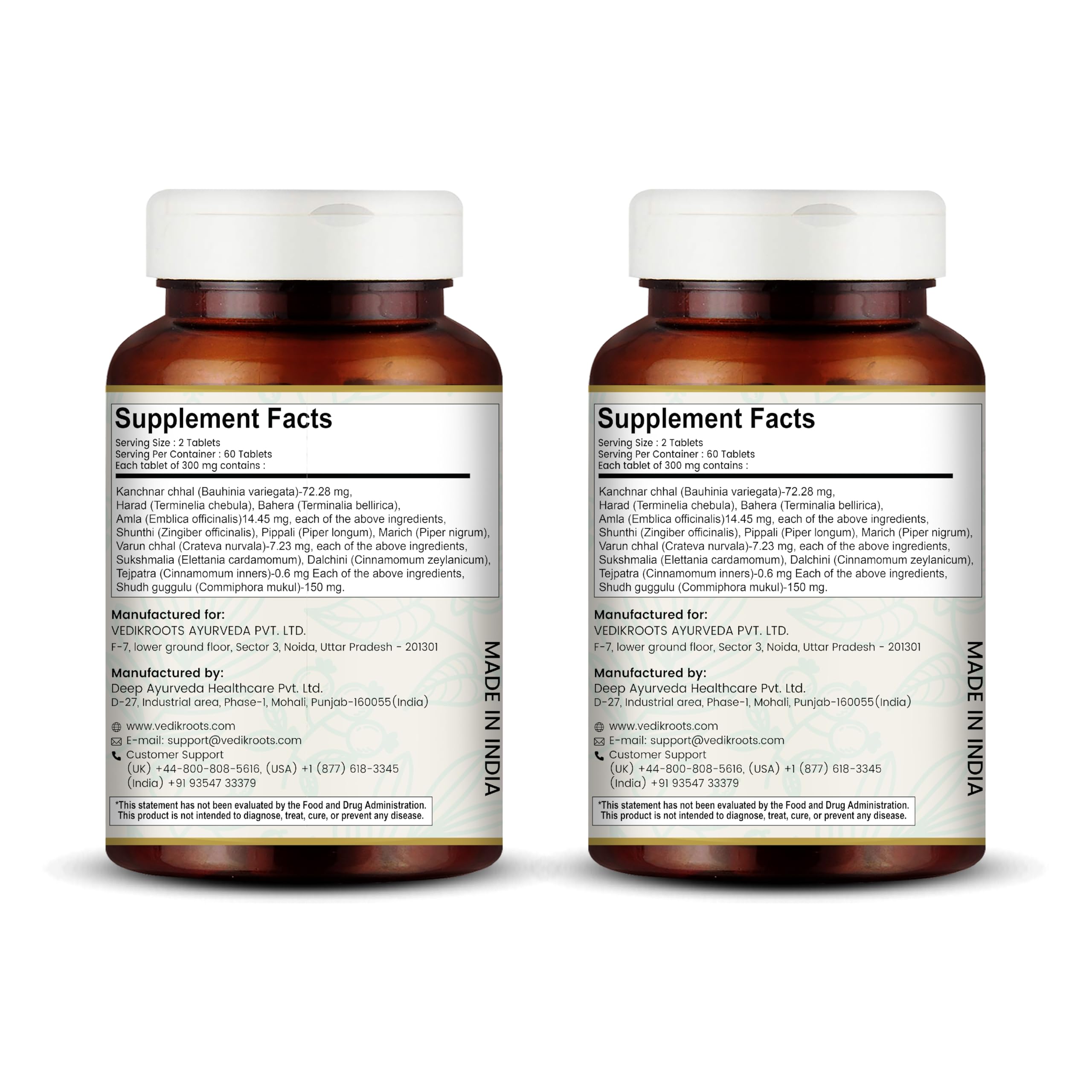 Vedikroots Kanchnar Guggulu herbal blend shown as natural wellness ingredients.