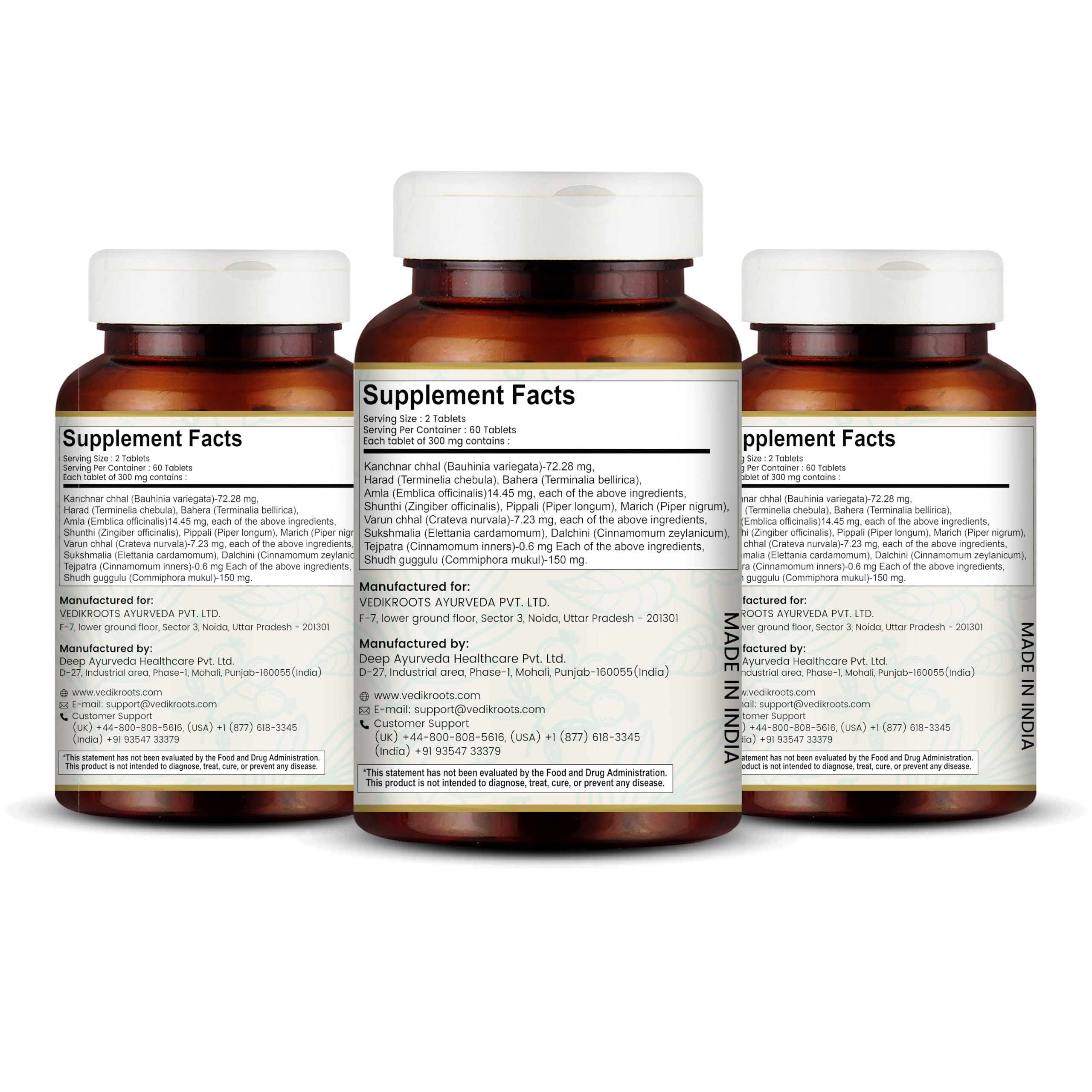 Vedikroots Kanchnar Guggulu label detail emphasizing purity for thyroid support
