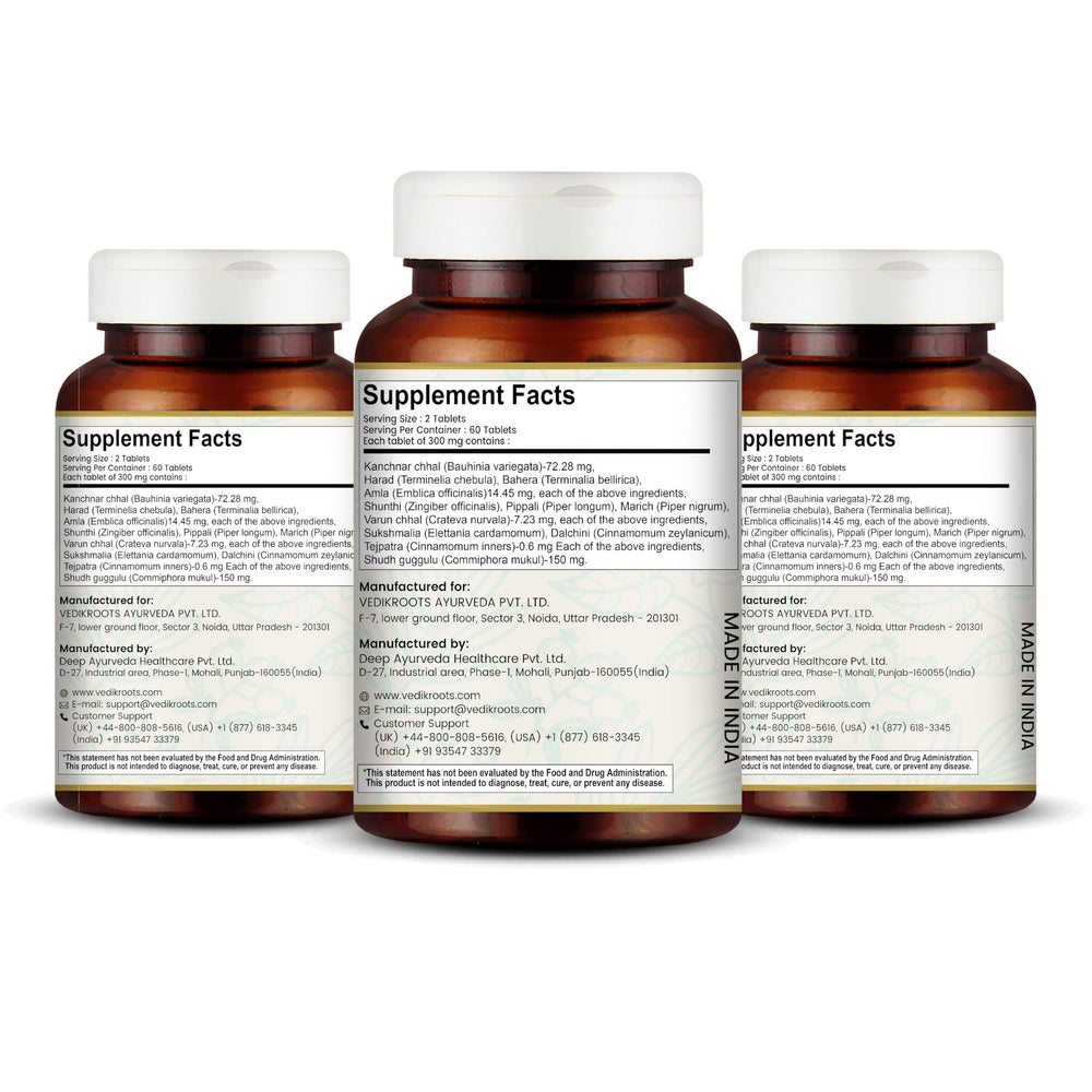 Vedikroots Kanchnar Guggulu label detail emphasizing purity for thyroid support