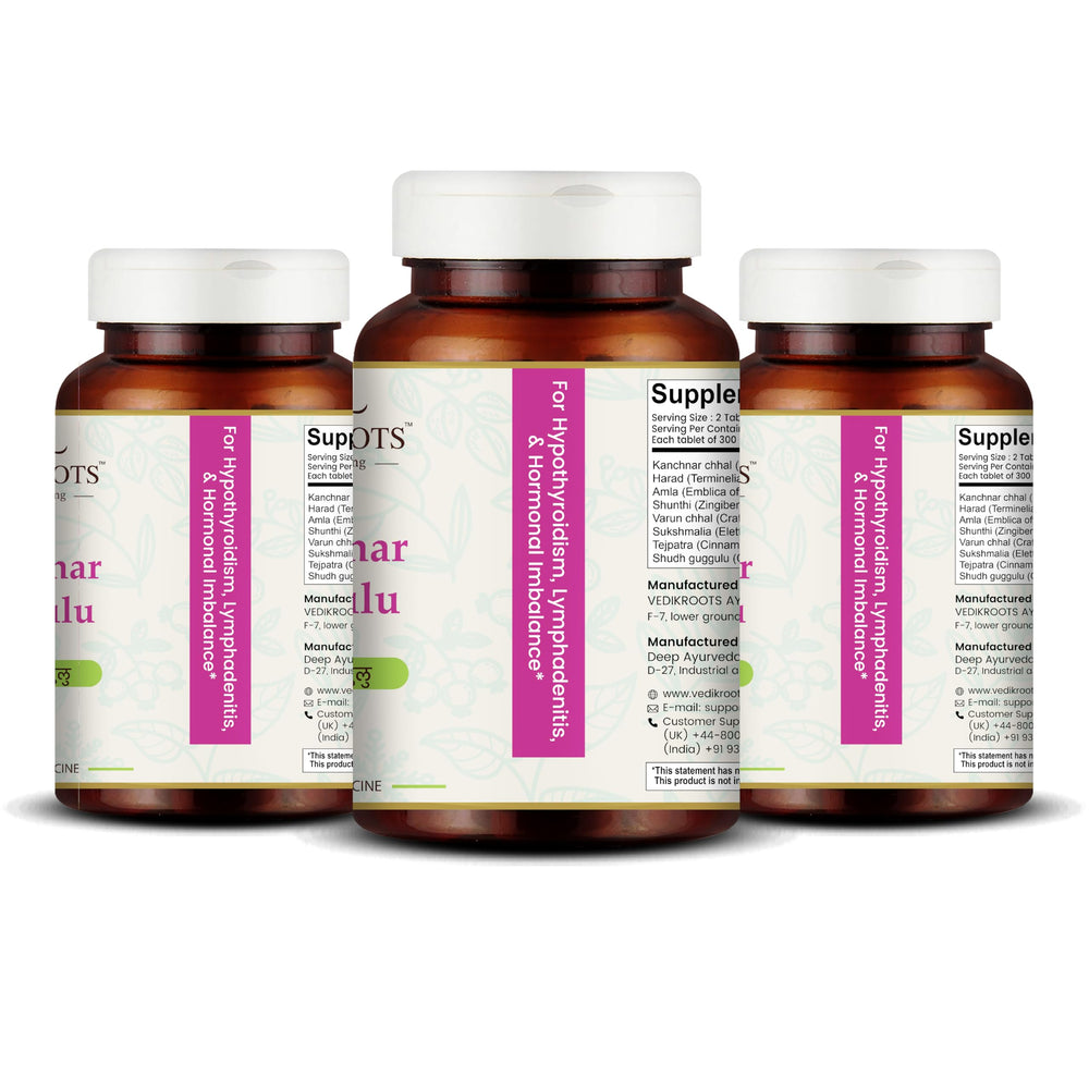 Vedikroots Kanchnar Guggulu packaging front suggesting natural wellness and hormonal balance