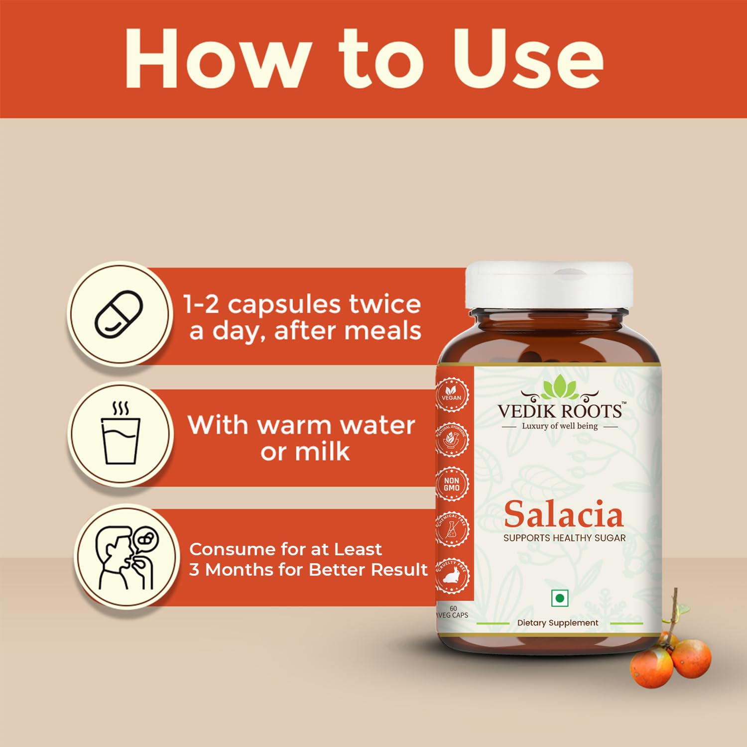 VEDIKROOTS Salacia capsules in hand for easy daily use.