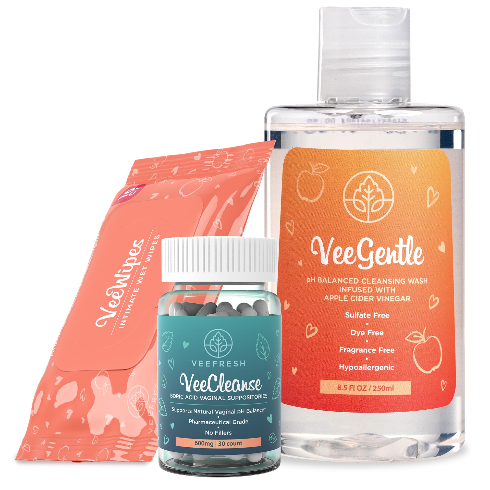 VeeFresh VeeCleanse boric acid suppositories for balanced vaginal pH and comfort.
