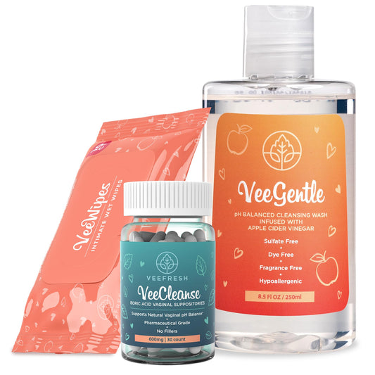 VeeFresh VeeCleanse boric acid suppositories for balanced vaginal pH and comfort.
