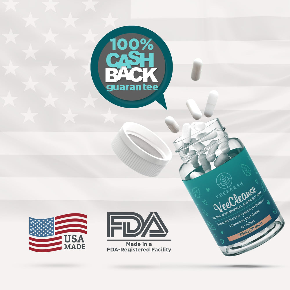 VeeFresh VeeCleanse boric acid suppositories ingredients list highlights simple formulation.