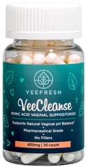VeeFresh VeeCleanse boric acid suppositories pack supports daily vaginal wellness.