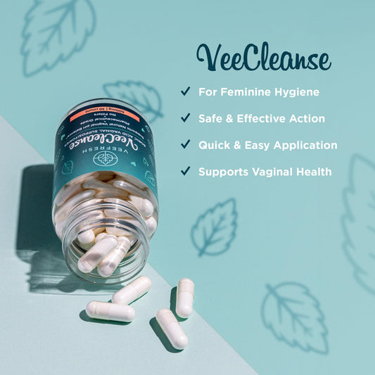 VeeFresh VeeCleanse boric acid suppositories tube shows convenient, on-the-go pH balance support.