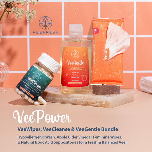 VeeFresh VeeGentle ACV-infused feminine wash for gentle daily cleansing.