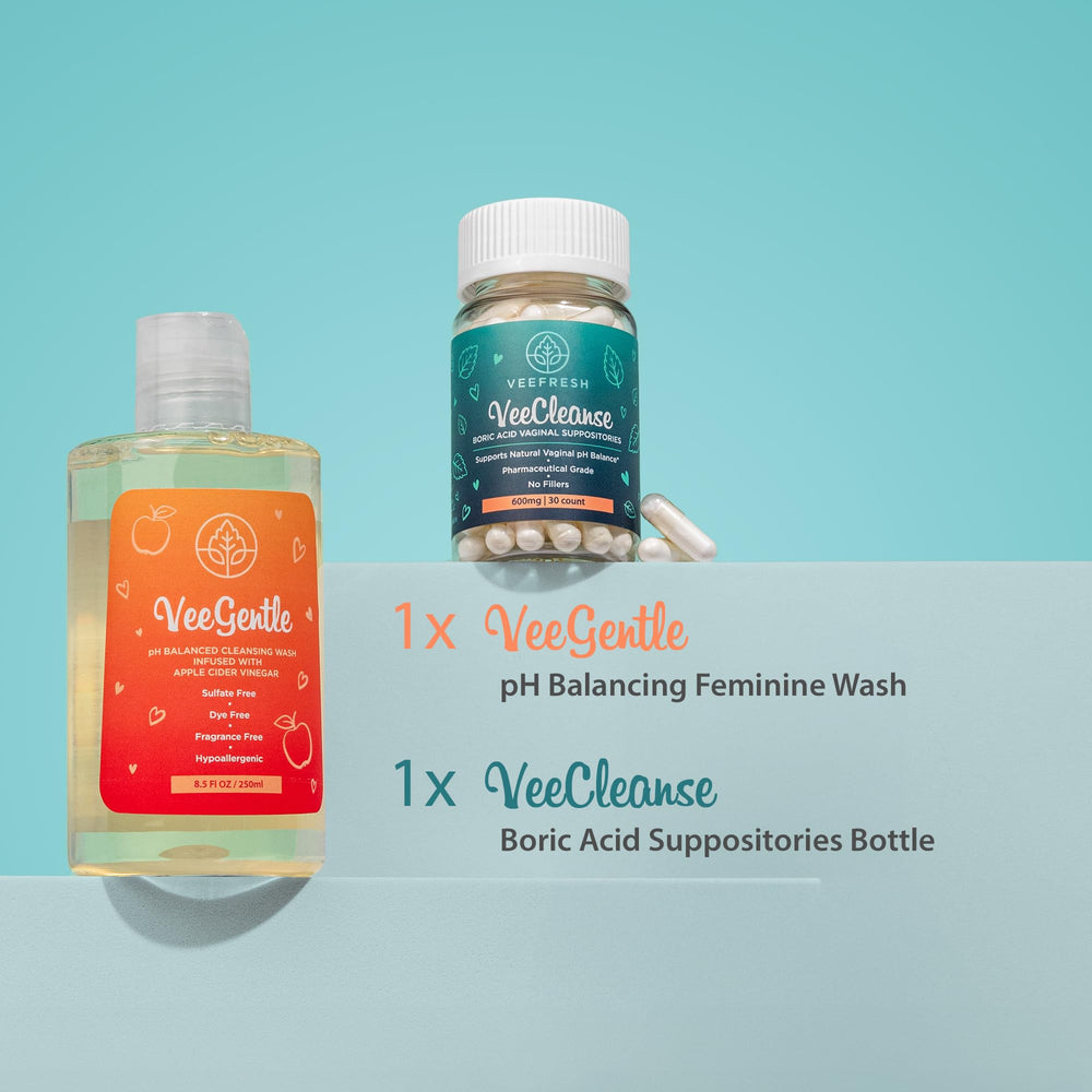 VeeFresh Veegentle feminine wash bottle with product label emphasizes gentle cleansing