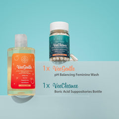 VeeFresh Veegentle feminine wash bottle with product label emphasizes gentle cleansing