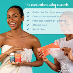 VeeFresh VeeWipes gentle vaginal wipes for on-the-go freshness and odor control.