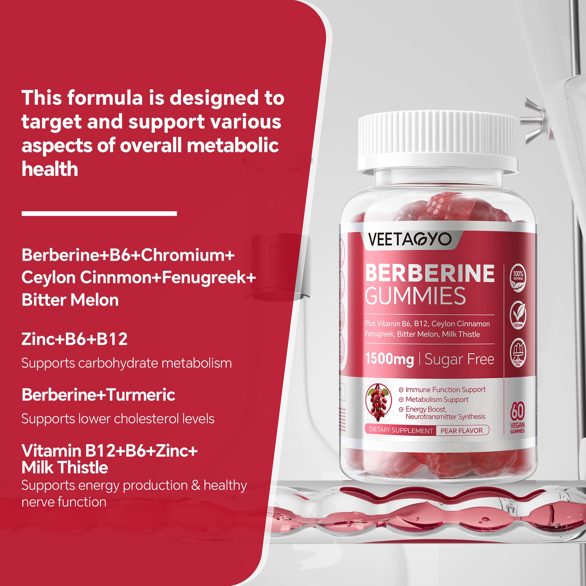 VEETAGYO Berberine bottle with gummies on white.