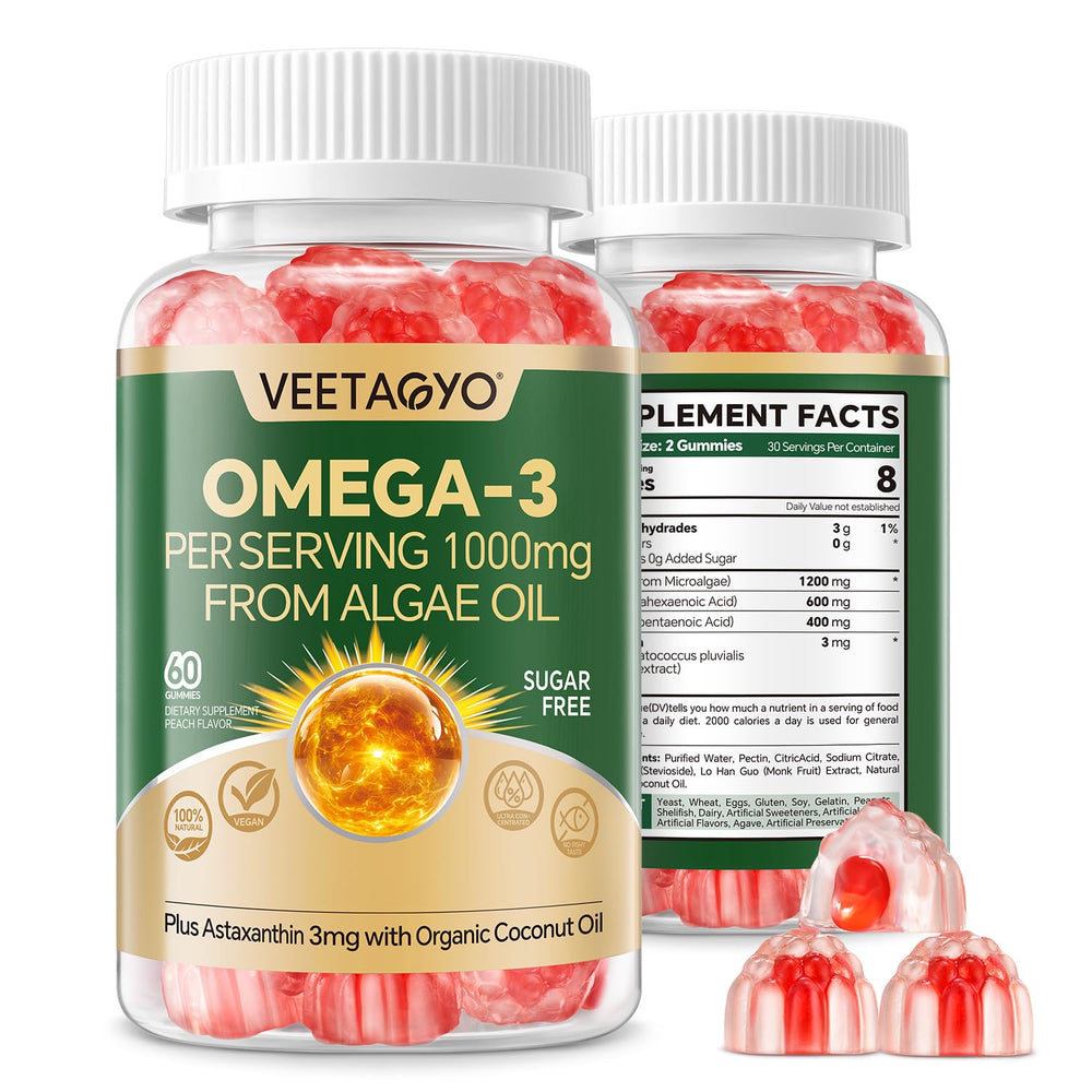 VEETAGYO vegan omega-3 gummies dual-layer bottle with algae DHA and EPA for brain support
