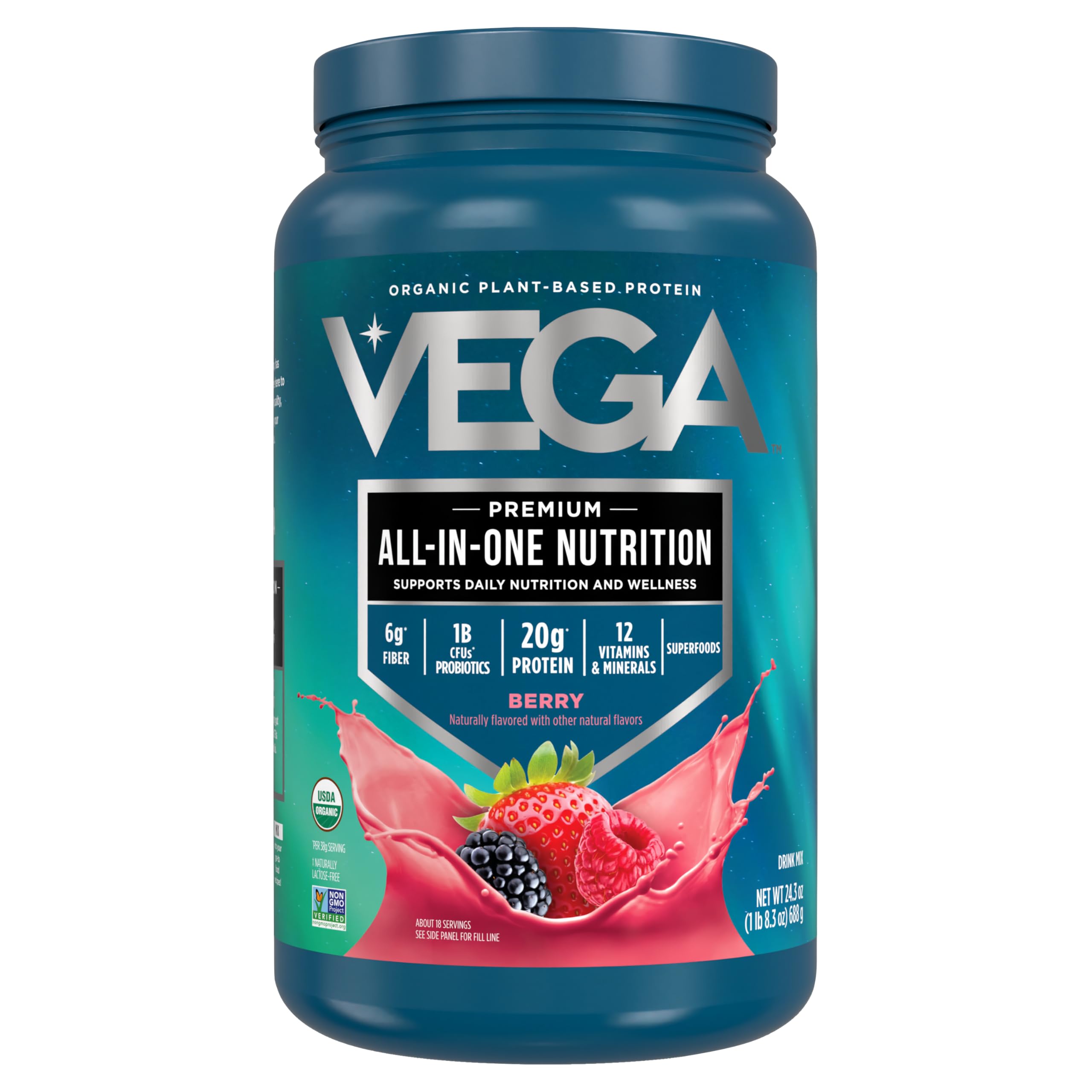Vega All-In-One Berry bottle for convenient daily plant-based protein.