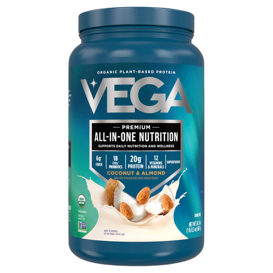 Vega All-In-One Organic Vanilla bottle with 20g protein for on-the-go energy