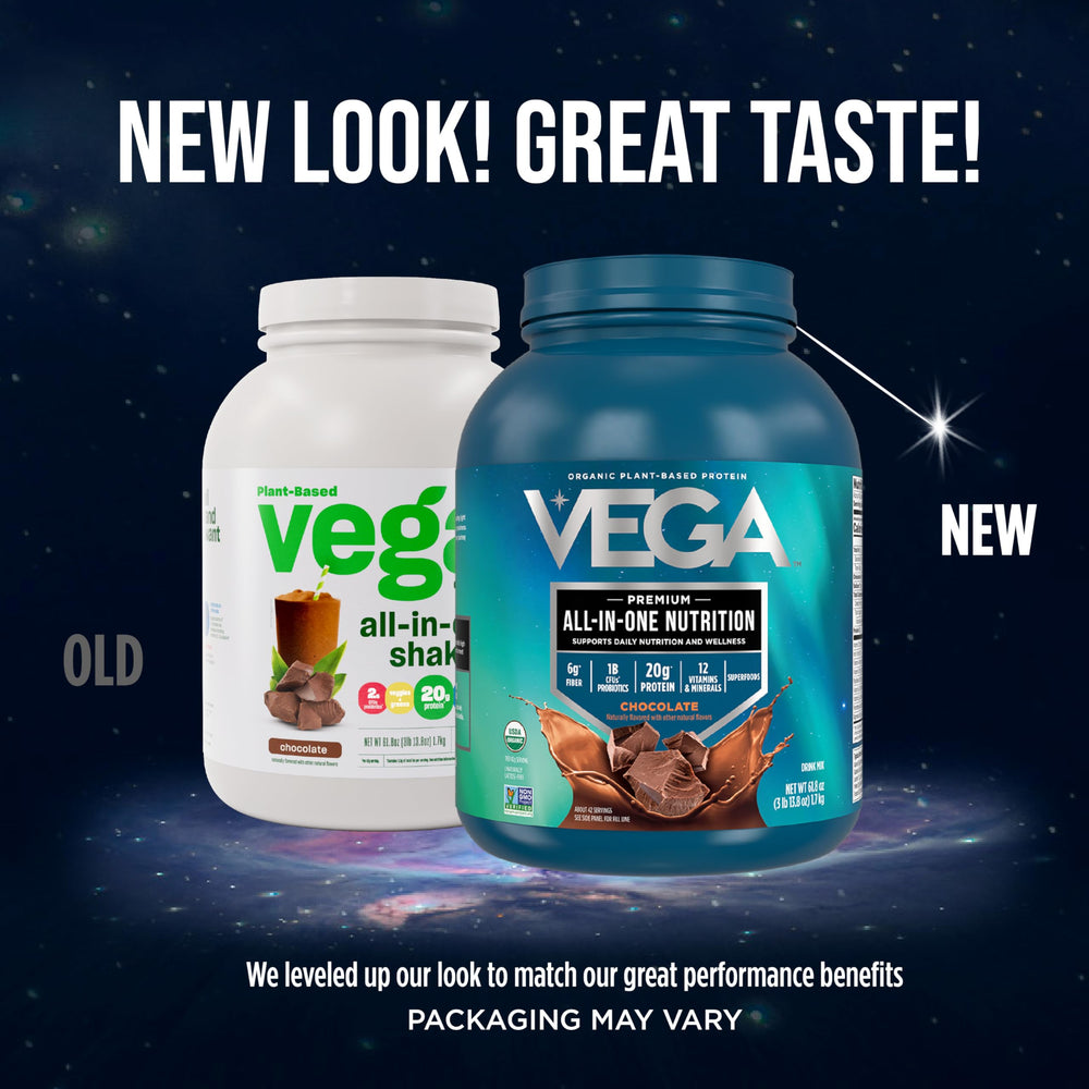 Vega All-In-One Organic scoop highlighting easy portioning for 20g protein