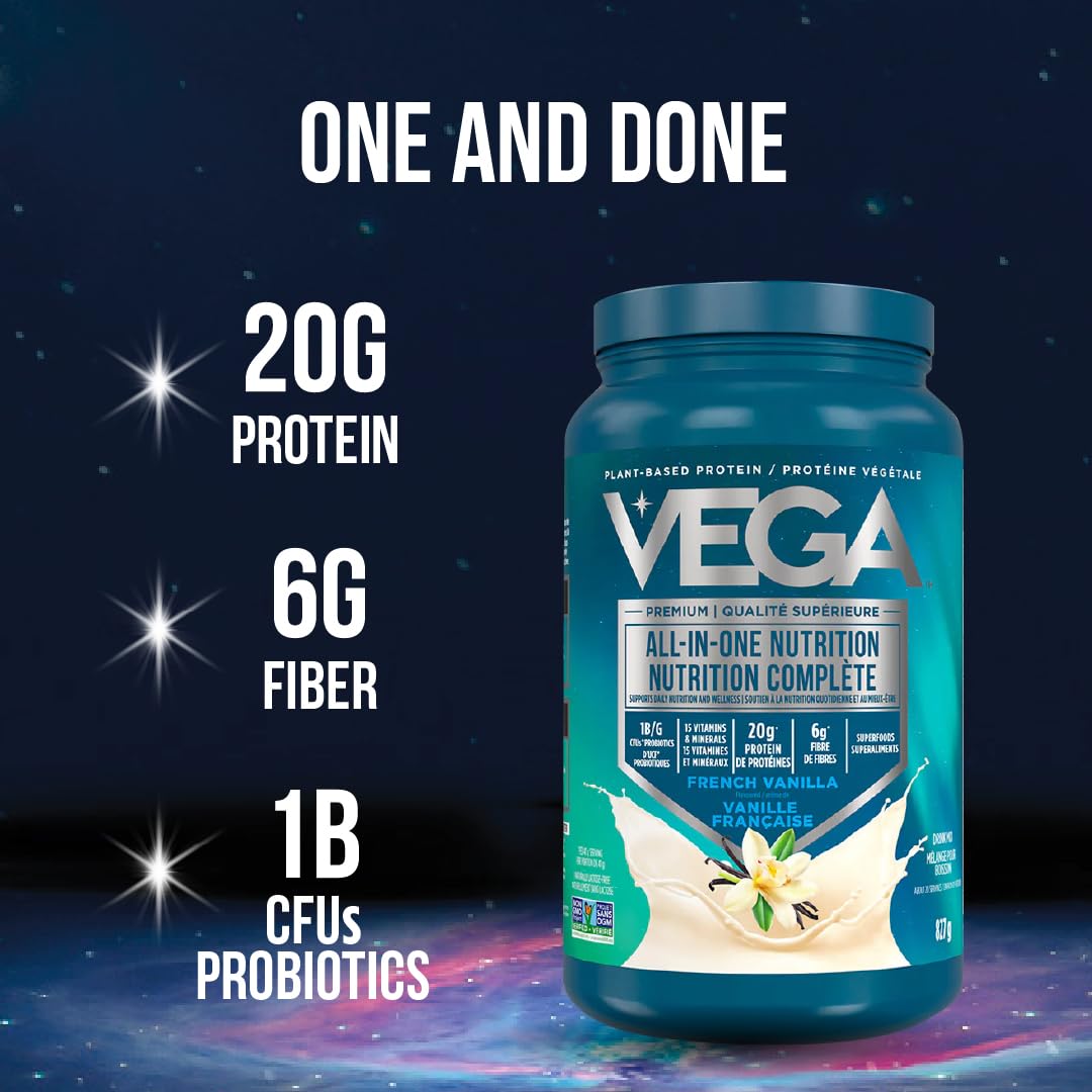 Vega All-In-One Vanilla scoop ideal for quick shakes and smoothies.